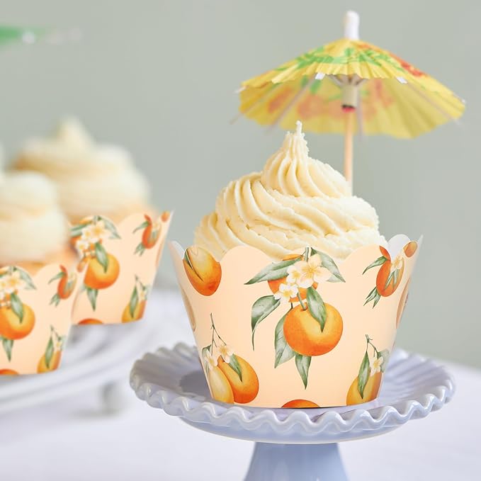 Whaline 36Pcs Little Cutie Cupcake Wrappers Watercolor Orange Cupcake Liners Decorative Cupcake Holders for Birthday Baby Shower Party Cake Decoration