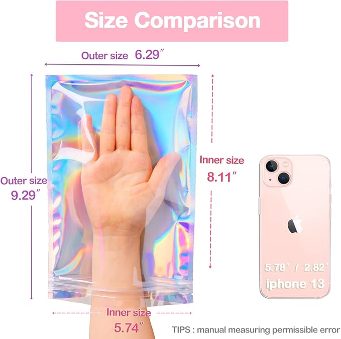 Smell Proof Bags & Resealable Foil Pouch Mylar Sample Bag Great for Party Favor Food Storage (Holographic Color) (50pcs-6x9 inch)