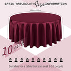 10 Packs Satin Tablecloth 120 Inch Burgundy Round Table Cloth Silk Tablecloth Smooth Fabric Overlay Satin Table Cover Decoration for Wedding Party Banquet Events