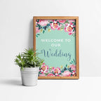 Andaz Press Extra Large Wedding Easel Board Party Sign, 12x18-inch, Tea Party Pink Peonies on Mint Green, Welcome to Our Wedding, 1-Pack