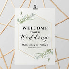Andaz Press Personalized Extra Large Wedding Easel Board Party Sign, 12x18-inch, Modern Black, Gold with Green Leaves Florals, Welcome to Our Wedding Bride Groom Name Date, 1-Pack, Custom