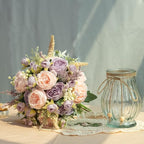 Artificial Peonies Silk Flowers Bouquet in Glass Vase Faux Flowers Bouquets Modern Penoy Arrangement for Home Decoration Table Centerpiece (Bouquet-Pink Purple)