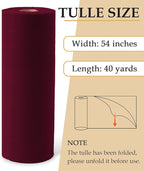 Burgundy Tulle Fabric Roll, 54" x 40 Yards (120FT) Tulle for Wedding Decoration DIY Tutu Party Backdrop Baby Shower Table Skirts Gift Wrapping