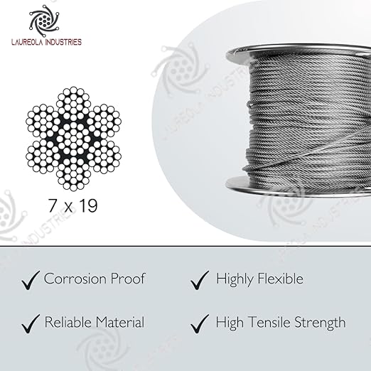 Laureola 1/8" 7x19 Stainless Steel Aircraft Wire Rope 304 Grade (900ft)