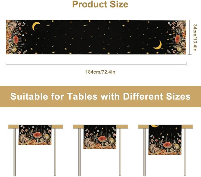 Mushroom Kitchen Table Runner, Gothic Moon Star Plants Witchy Moonlit Flower Butterfly Table Runner for Kitchen Party Living Room Drapes, 13x36 Inch Black