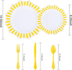 COLOSUS 150pcs Disposable White Lemon Yellow Striped Plastic Party Plates and Silverware set, Yellow Dinner/Dessert Plates silverware 30guests for Easter Birthday Weeding Party and Daily use.
