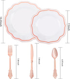 NOCCUR 150PCS Rose Gold Plastic Plates&Rose Gold Silverware-Include 30Dinner Plates, 30Salad plates, 90 Disposable Rose Gold Utensils- Ideal for Weddings, Party,Shower