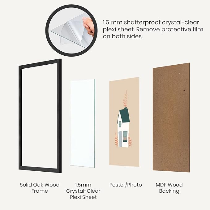 Opposite Wall - 12x12 in - Black Solid Oak Wood Picture Frame - Lightweight, Versatile & Shatterproof - Wall Hanging Poster or Photo Frame - Wall Decor for Office, Gallery & Home
