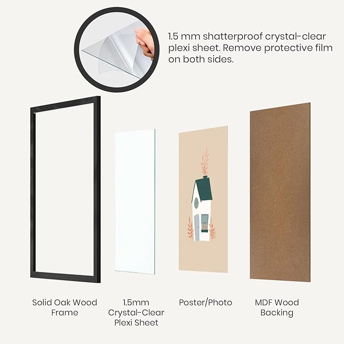 Opposite Wall - 20x24 in - Black Solid Oak Wood Picture Frame - Lightweight, Versatile & Shatterproof - Wall Hanging Poster or Photo Frame - Wall Decor for Office, Gallery & Home