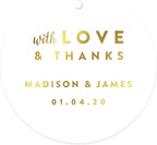 Andaz Press Personalized Round Circle Wedding Gift Tags, Metallic Gold Ink, with Love and Thanks, 24-Pack, Custom Made Any Name