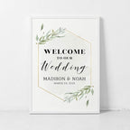 Andaz Press Personalized Extra Large Wedding Easel Board Party Sign, 12x18-inch, Modern Black, Gold with Green Leaves Florals, Welcome to Our Wedding Bride Groom Name Date, 1-Pack, Custom