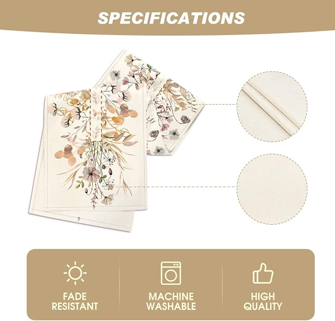 Artoid Mode Wildflower Leaves Floral Fall Table Runner, Autumn Thanksgiving Kitchen Dining Table Decoration for Indoor Outdoor Home Party 13x36 Inch