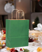 qiqee 50-Packs Kraft Deep Green Paper Gift Bags with Handles Bulk 13"x10.3"x4.6" Large Size Party Favor Bags Multiple Uses