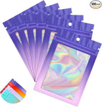 Funfery 100 Pack Gradient Holographic Bags,Resealable Bags with Zipper,Clear Window Packaging Pouch,Foil Bag for Food Storage,Sample Jewelry Baggies(3×4.7In,Purple Pink)