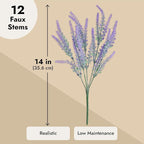 Juvale 12 Bundles Lavender Artificial Flower Stems - 2" D x 3" W x 14" H - Purple - Weather Resistant Artificial Flowers for Outdoors & Wedding Centerpieces & Door Wreaths