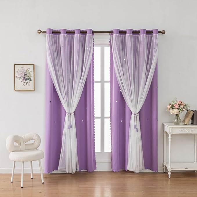 Ombre Rainbow Blackout Curtains for Kid Girls Bedroom Living Room Darking Stripe Double Layer Star Cut Out Wall Home Decor Gradient Grommet Window Curtains (Purple 72L)