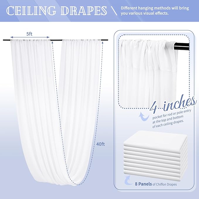 8 Panels White Ceiling Drapes for Wedding 5ftx40ft Sheer Drapery Chiffon Fabric Arch Draping Curtains for Party Ceremony Birthday Baby Shower Reception Stage Ceiling Decorations