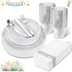 WELLIFE 210pcs Dinnerware Set - Silver Rimmed Plastic Plates Disposable Heavy Duty, Disposable Plastic Plates with Silver Rim, Water-proof, Break-proof, Best Choice for Any Party