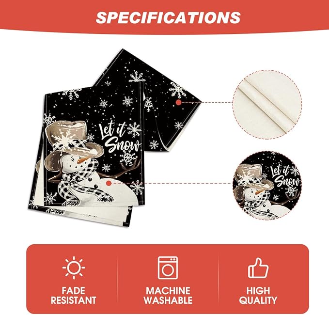 Artoid Mode Black Snowman Snowflake Let it Snow Winter Table Runner, Christmas Kitchen Dining Table Decoration for Home Party Decor 13x36 Inch