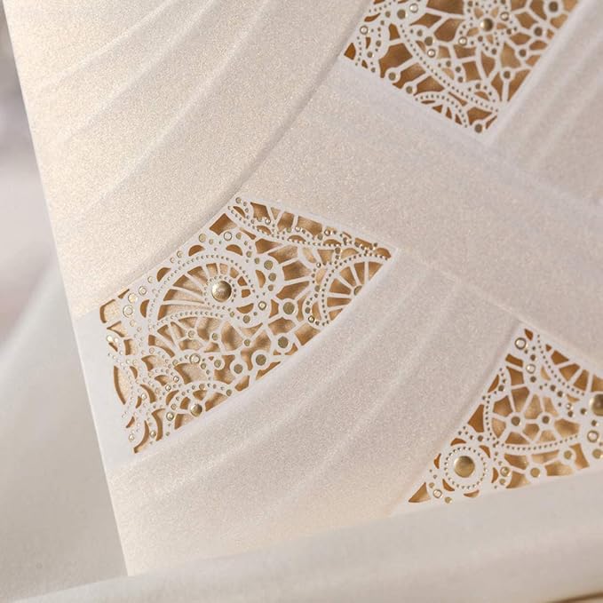 Hosmsua 5.12x7.2 50PCS Blank Wedding Invitations Kit Laser Cut light Gold Hollow Foil Flora Lace Sleeve Pocket with Envelopes for Quinceanera Wedding Invitation