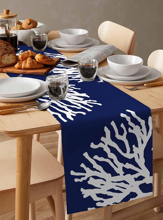 Coastal Coral Cotton Linen Table Runner for Dining Kitchen, Wedding Outdoor Party Tablerunners Decoration, Navy Blue Nautical Ocean Beach Dresser Scarf Coffee Tablecloth Runners 13x90 Inches