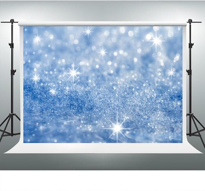 YongFoto Silver Blue Glitter Backdrop 8x6ft Silver Light Spots Blue Sequin Bokeh Photography Background Birthday Bridal Shower Wedding Photography Background Party Banner Portraits Photoshoot Props