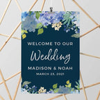 Andaz Press Personalized Extra Large Wedding Easel Board Party Sign, 12x18-inch, Baby Blue Hydrangea Floral Flowers on Navy Blue, Welcome to Our Wedding Bride Groom Name Date, 1-Pack, Custom