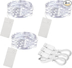 3 Pack Rechargeable String Fairy Lights 10ft 30 LED, Christmas Starry Lighting Silver Copper Wire 4 Modes, Waterproof Cool White Micro Firefly Moon Light with USB Cable
