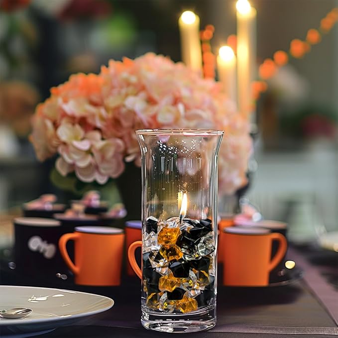 HappyFiller Halloween Decoration Acrylic Gems Fake Crystal Cubes Jewels Rocks for Vase Fillers, Centerpieces,Party Decor Ice Stones Table Scatter,Orange,Black and White,14 OZ