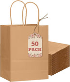 qiqee 50-Packs Brown Paper Gift Bags with Handles Bulk 8.3"x3"x 6" Small Size Paper Bags Multiple Uses(Small Size)