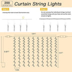 200 LED Curtain String Lights 9.8 * 6.6FT Plug in Fairy with Timer and 8 Modes, Waterproof Window Wall for Bedroom Wedding Party Indoor Outdoor Christmas Decor