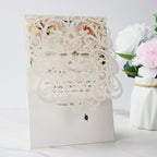 Hosmsua 50PCS Personalized Wedding Invitations Kit 5.12 x 7.3 Laser Cut Hollow Rose Rhinestone Pocket with Envelope for Wedding Quinceanera Invite (White Ivory)