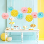 WEVEN Tissue Pom Poms Tissue Paper Flowers Tissue Fluff Balls Party Decorations 12-Inch Pack of 12 (Pink, Blue, Yellow)
