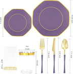 KIRE 140Pcs Purple Plastic Plates with Gold Rim& Gold Disposable Plastic Silverware with Handle&Clear Cups&Hand Napkin- Geometric Purple Plastic Plates for Parties & Mardi Gras plates