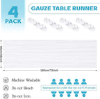 Aktor 4 Pack White Table Runner Boho Cheesecloth Table Runner Semi Sheer Gauze Fabric Runners for Wedding Birthday Baby Shower Party Boho Table Decoration（White）