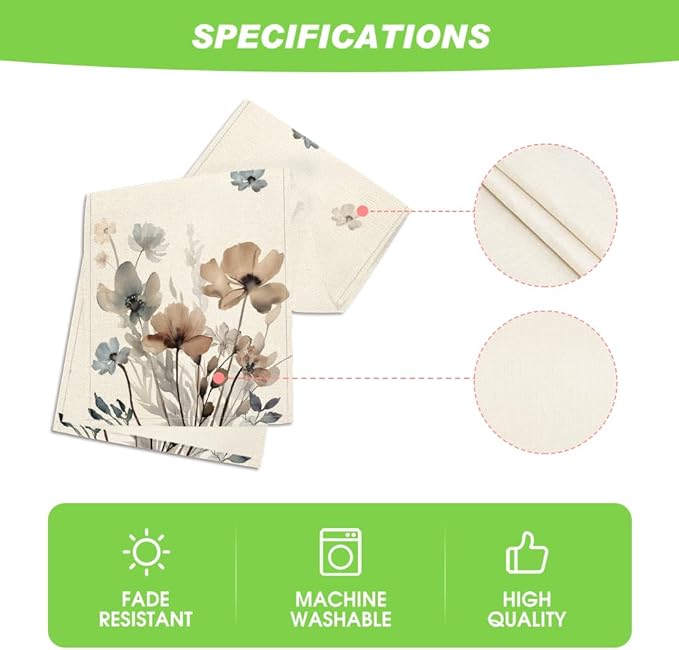 Artoid Mode Brown Poppy Floral Leaves Spring Table Runner, Seasonal Summer Kitchen Dining Table Decoration for Home Party Decor 13x108 Inch