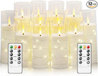 Flameless Candles with Embedded Star String - Battery Operated LED Candles, with Remote,12 White Flickering Candles for Christmas, Weddings, Home Decor & Party,(D 2.3"×H 5" 6" 7")