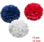 12" Red White Blue Tissue Pom Poms DIY Hanging Paper Flower Balls for Nautical Party Decoration 4th of July Patriotic Decorations, Pack of 12