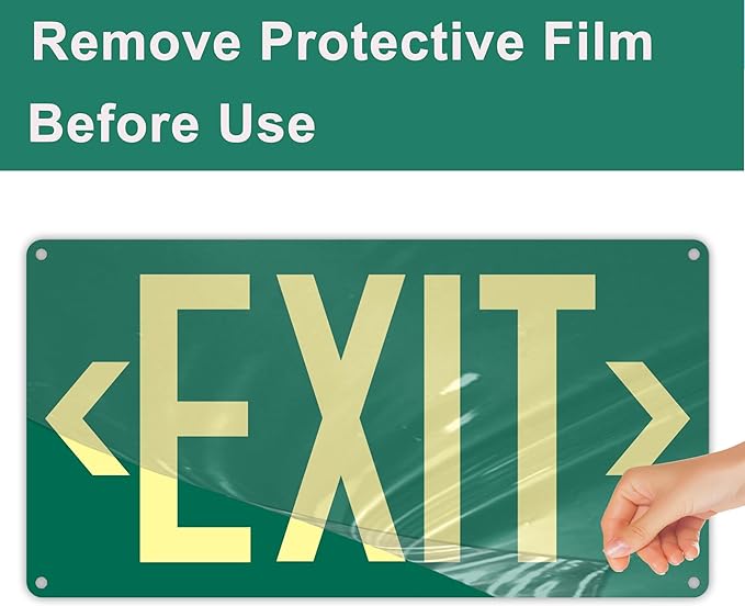 1Pack Photoluminescent Exit Sign Green - Aluminum -14.25"x 7.5" Glow In The Dark Adhesive Backing- Includes 2pcs Removable Arrows- Non Electrical Green Exit Light