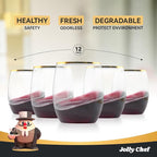 JOLLY CHEF 32 Pack 12oz Gold Plastic Wine Glasses Stemless, Disposable Wine Cupsty, Disposable Plastic Wine Cups for Party, Halloween, Christmas