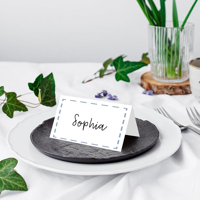 25 Pack Blue Lines Place Cards, Editable Name Cards for Table Setting, Tent Cards Food Label for Dinner Party, Bridal Shower, Wedding, Baby Shower and Events -T17