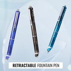 WRITECH Clictek Fountain Pen Retractable: Blue Ink Medium Nib Transparent Barrel, Gift Set Includes 5 Ink Cartridges for Smooth Writing No Leaking