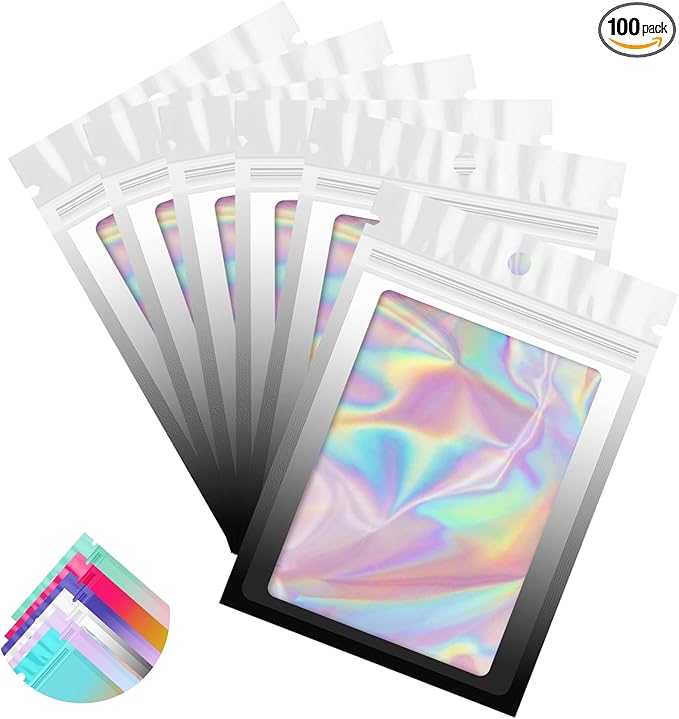 Funfery 100 Pack Gradient Holographic Bags,Mylar Resealable Bags with Zipper,Clear Window Packaging Pouch,Smell Proof Bag for Food Storage,Sample Jewelry Baggies(2.7×3.9in,White Black)