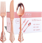 WDF 120Pieces Rose Gold Plastic Silverware - Heavy Duty Rose Gold Plastic Cutlery Set - Disposable Rose Gold Utensils - Rose Gold Flatware Includes 40 Forks, 40 Spoons, 40 Knives for Wedding