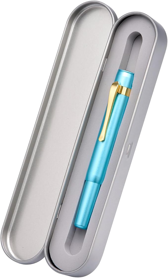 HONG DIAN M2 Black Forest Mini Fountain Pen, Medium Soft Nib & Sleek Shape Aluminium Short Pocket Travel Pen (Lake Blue)