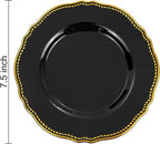 Hioasis 60pcs Black Plastic Plates - Black and Gold Disposable Dinnerware with Gold Rim, Heavy-duty, 7.5 inch, Dessert Plates for Party & Halloween
