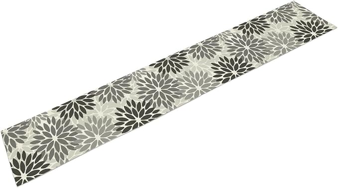Gray Dahlia Flower Table Runner, Vintage Modern Linen Geometric Pattern Floral Table Runner Spring for Farmhouse Kitchen Dining Party Holiday Party, 13x90 Inch