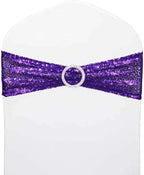 25 Pcs Chair Sashes Sequin Stretch Chair Bands Spandex Polyester Bows for Party Hotel Wedding Banquets Decoration - Purple