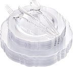 Liacere 150PCS Clear Silver Plastic Plates & Disposable Silver Plastic Silverware with Glitter Bamboo Handle Cutlery-Baroque Clear Disposable Plates for Wedding & Easter day & Mother's Day