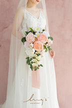 Ling's Moment Blush Bridal Bouquet Cascading, Pink Wedding Bouquets for Bride, 13 Inch Bride Bouquets for Wedding Artificial Flowers Bouquets